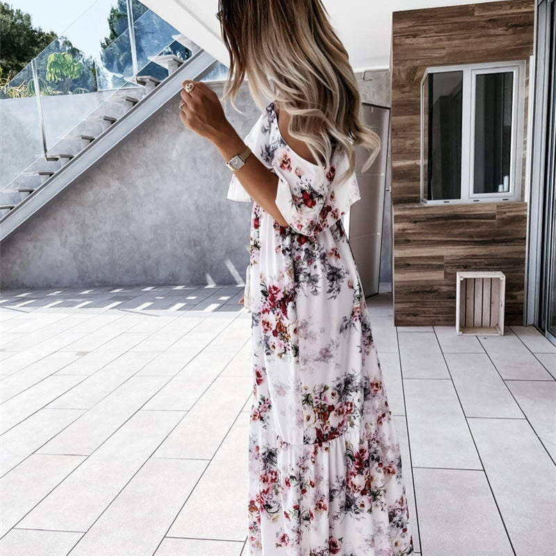 Women Boho Floral Cold Shoulder Elegant fashion Maxi Dress Ladies Summer Ankle-Length