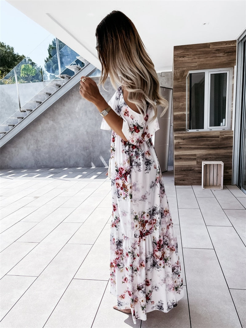 Women Boho Floral Cold Shoulder Elegant fashion Maxi Dress Ladies Summer Ankle-Length