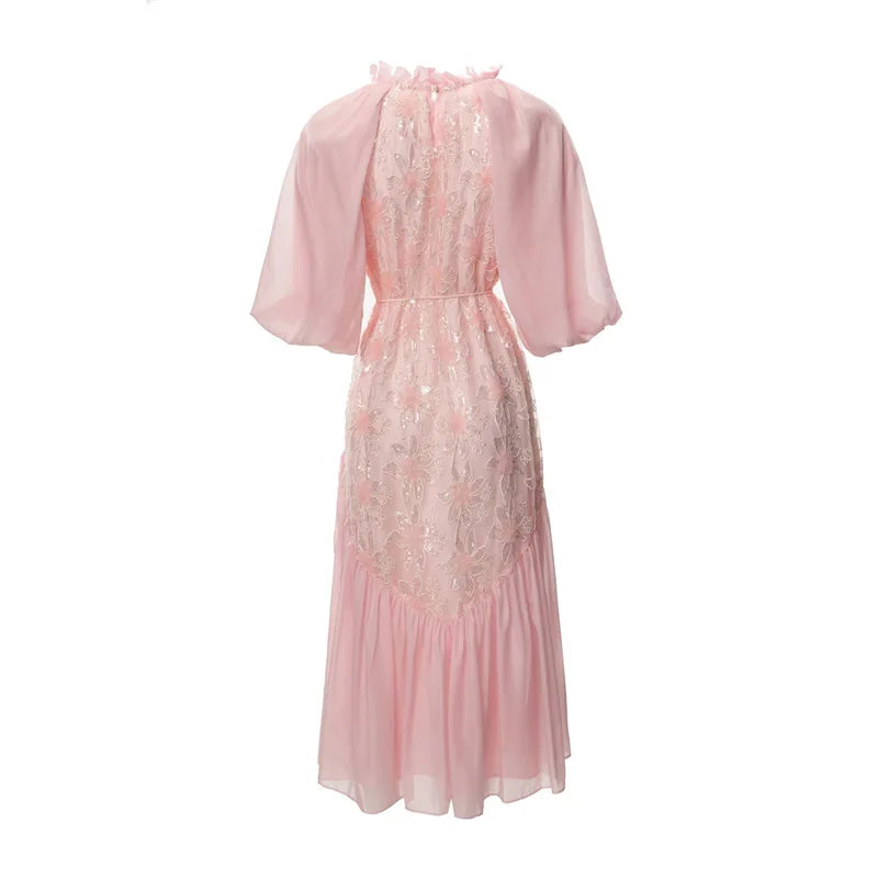 TWOTWISTYLE Solid Loose Spliced Embroidery Elegant Dresses for Women Round Neck Half Sleeves Patchwork Sequins Dress Female New