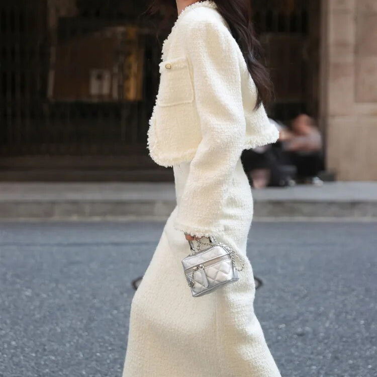 Tweed jacket + Skirt Suit White fashion Professional Set slimming new Women's Suit Autumn/Winter White 2-Piece Set