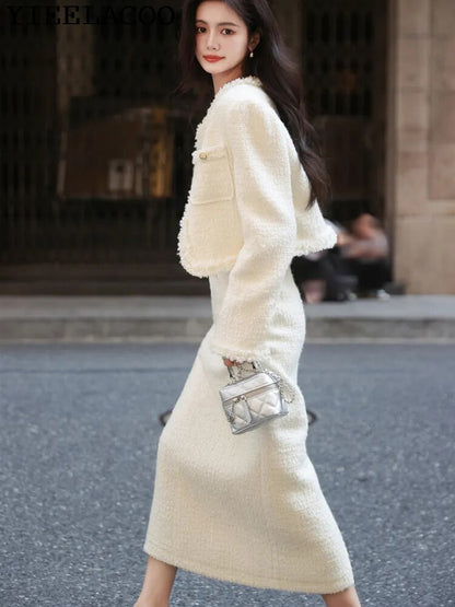 Tweed jacket + Skirt Suit White fashion Professional Set slimming new Women's Suit Autumn/Winter White 2-Piece Set