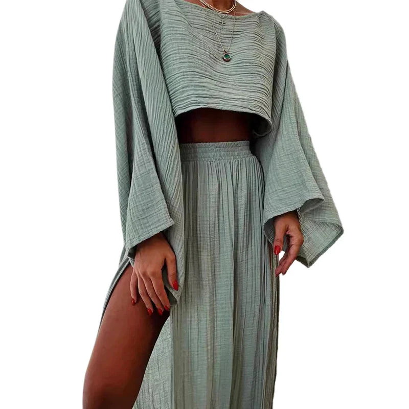 Elegant Women Crop Tops & High Waist Slit Maxi Skirts 2 Pieces Linen Pants Sets Beach Cover Ups Lounge Matching Sets