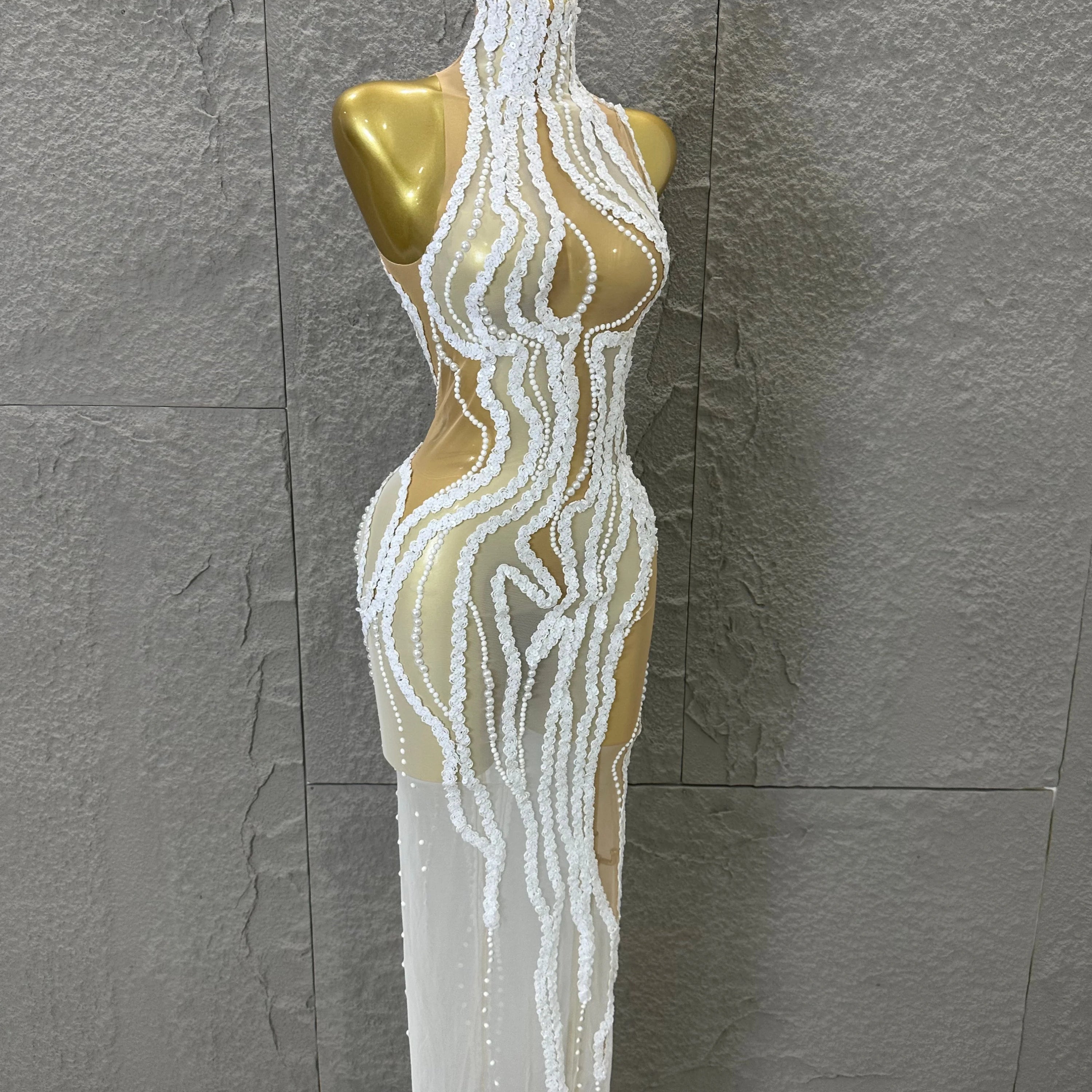 Sequined White Sheer Mesh Maxi Dress Women Sexy High Neck Pearl Lace Bodycon Cocktail Nightclub Evening Gala Party Costume