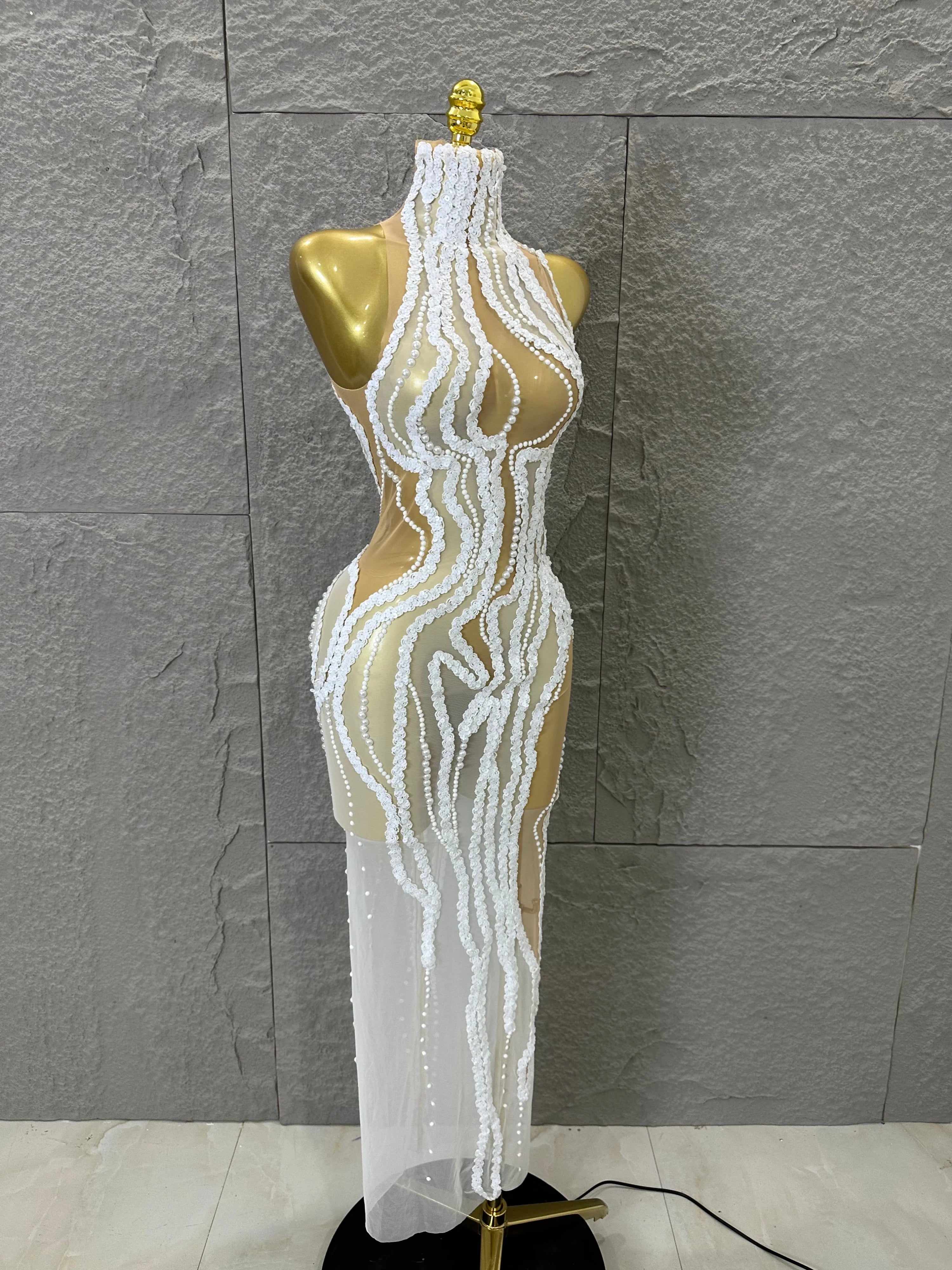 Sequined White Sheer Mesh Maxi Dress Women Sexy High Neck Pearl Lace Bodycon Cocktail Nightclub Evening Gala Party Costume