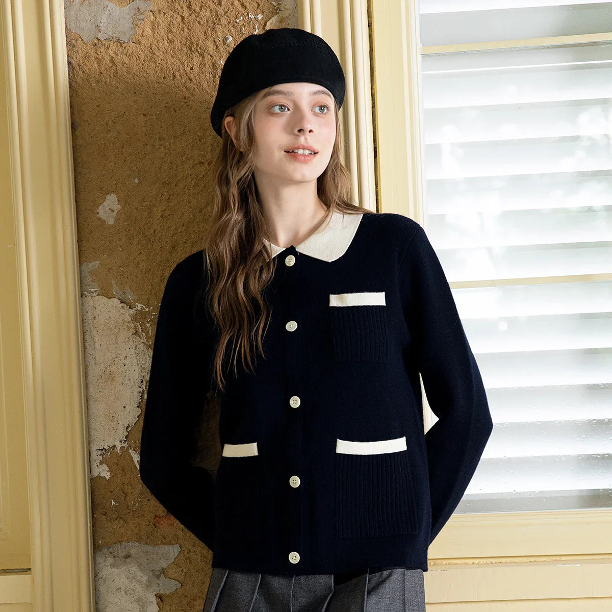 TC621 100% Wool 80 counts merino wool knitted cardigan woollen sweater elegant luxury women's clothing Blue