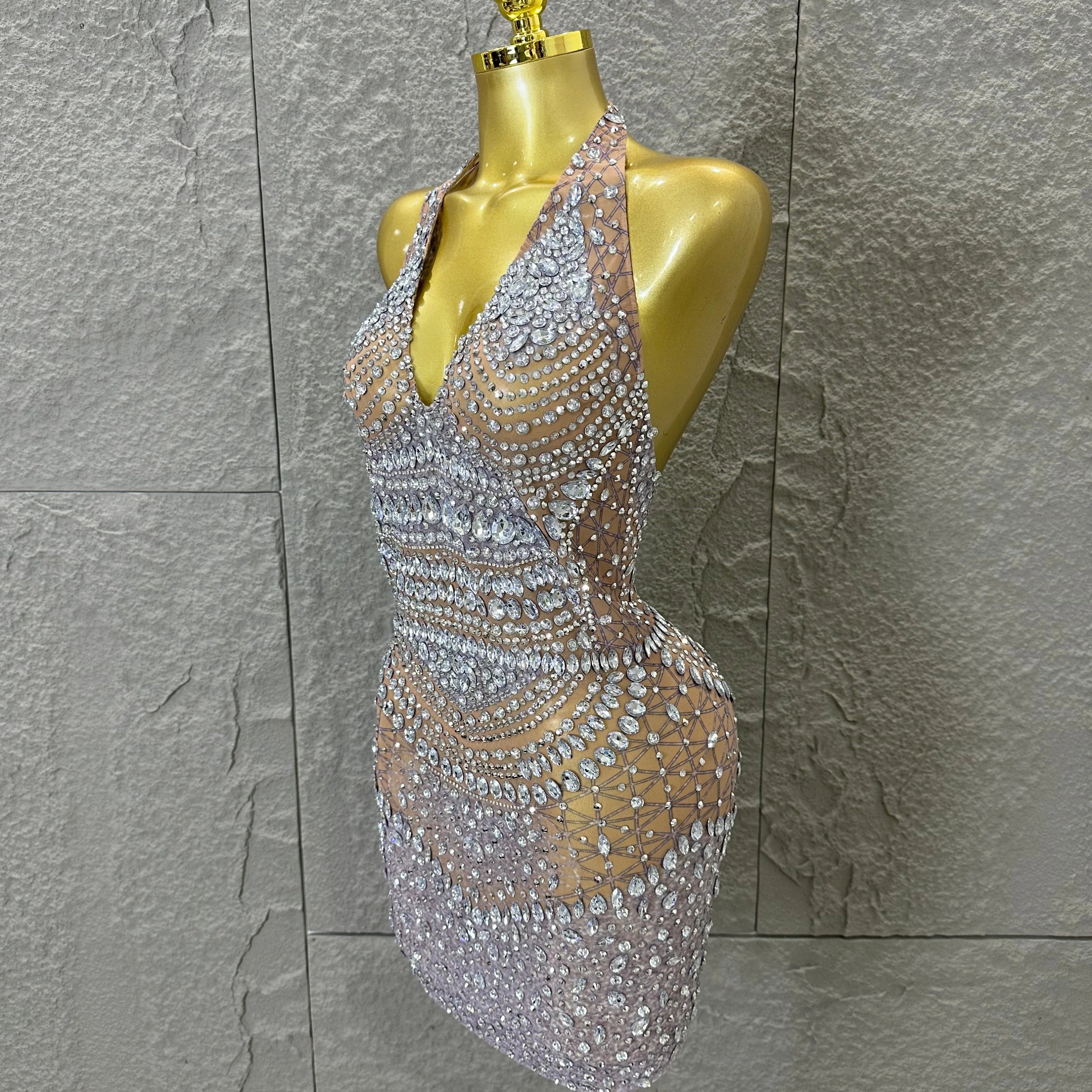 Women Evening Birthday Party Dancer Sexy Nightclub Luxurious Sparkly Crystal Diamonds Print See Through Stretch Mesh Dress