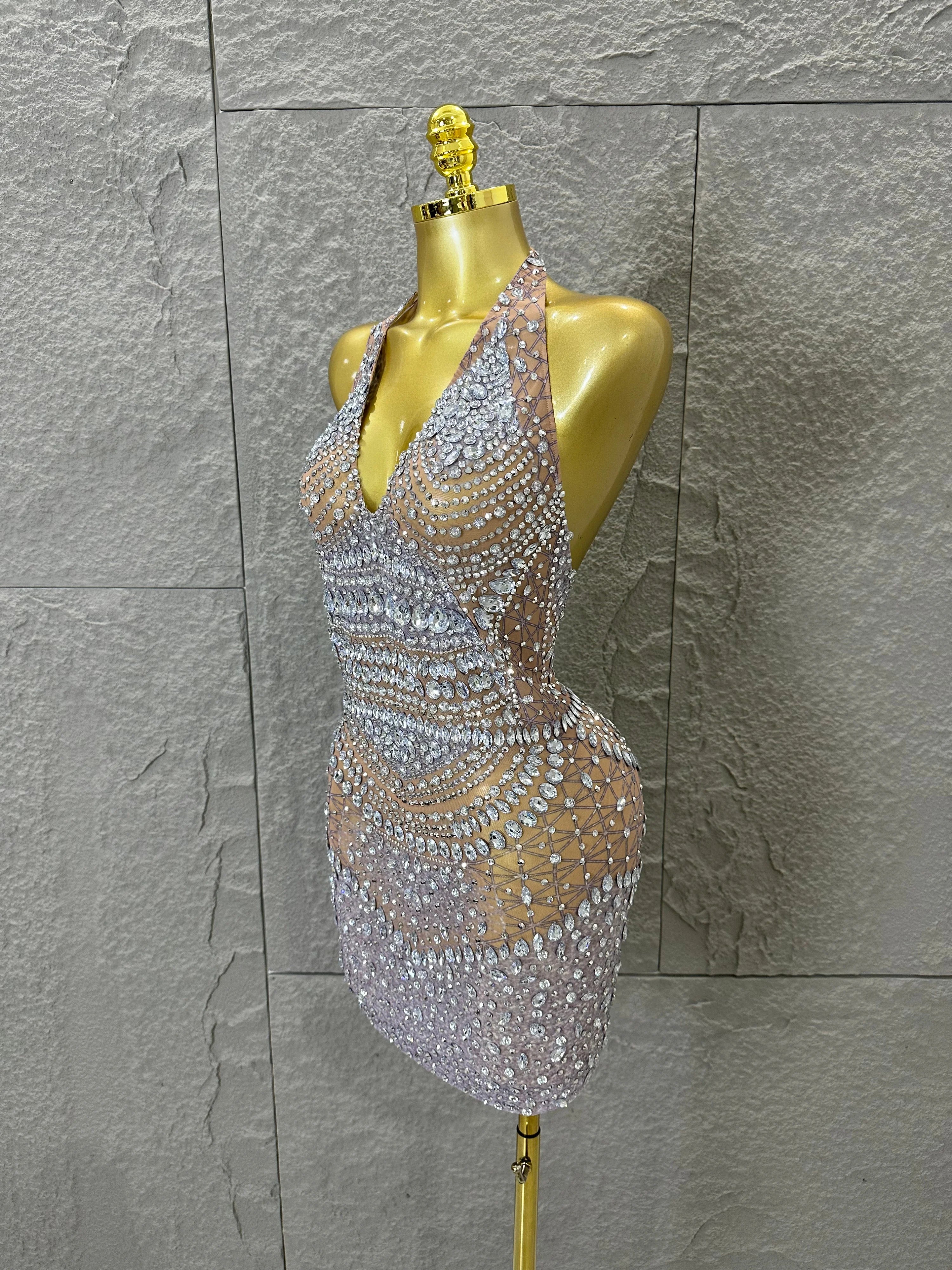 Women Evening Birthday Party Dancer Sexy Nightclub Luxurious Sparkly Crystal Diamonds Print See Through Stretch Mesh Dress