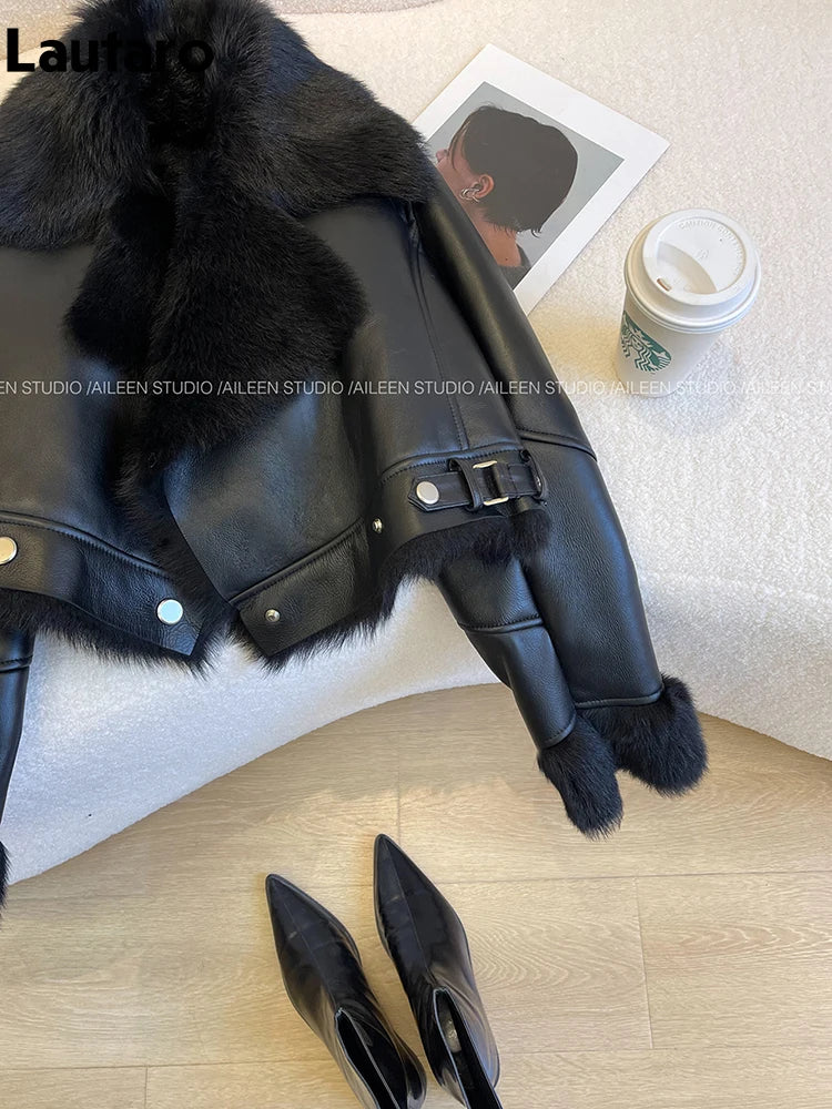 Lautaro Autumn Winter Cool Short Loose Black Thick Warm Soft Hairy Faux Sheepskin Coat Women Luxury Designer Fluffy Jacket 2025