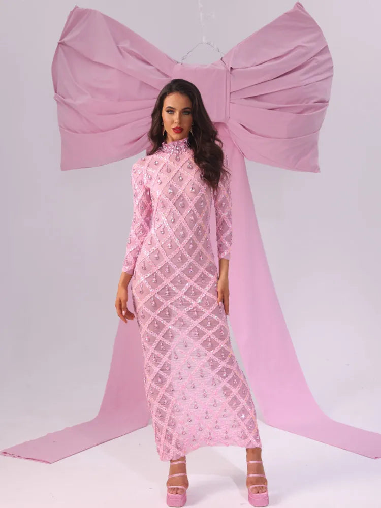 Pink Color Women Long Sleeve Sexy Mesh Big Crystal Bodycon Long Dress Celebrate Birthday Bar Singer Performance Costume Wear Pink