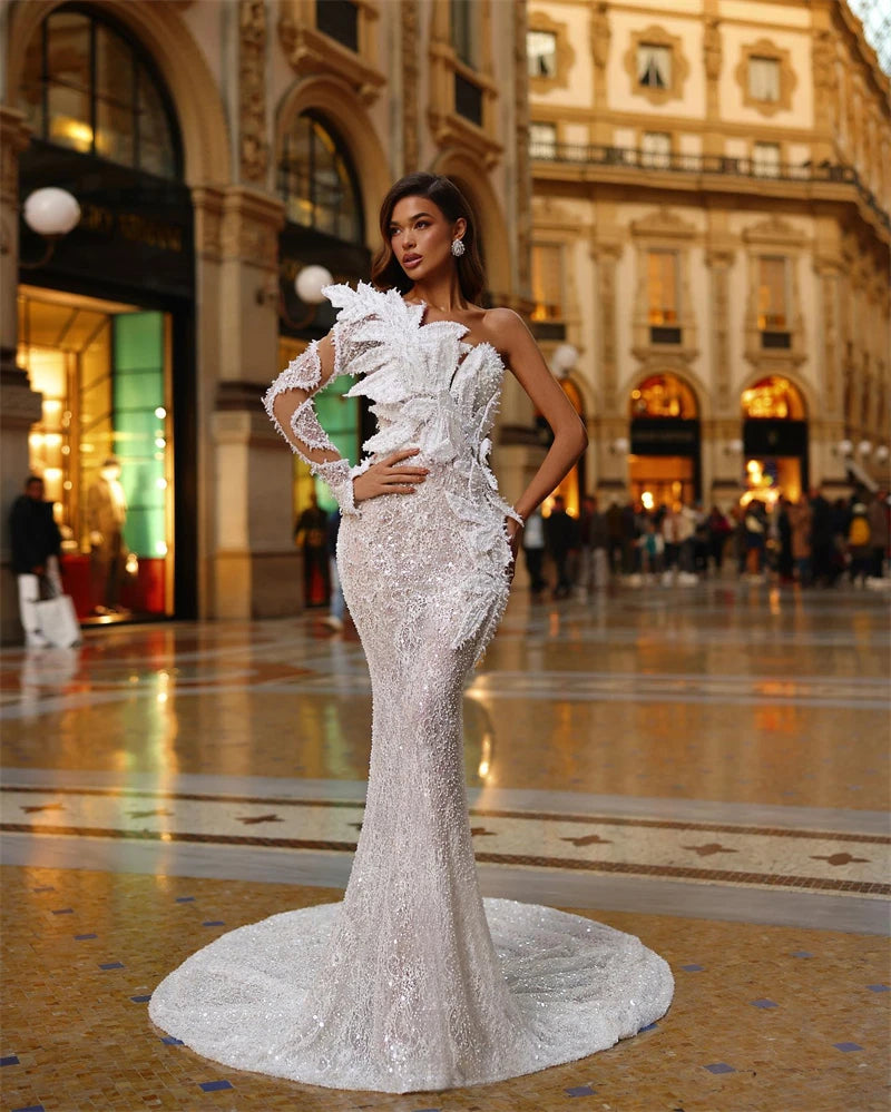 2024 White Sequins Beading One Shoulder White Lace Long Dress Graceful Woman Wedding Party Dress Singer Performance costume