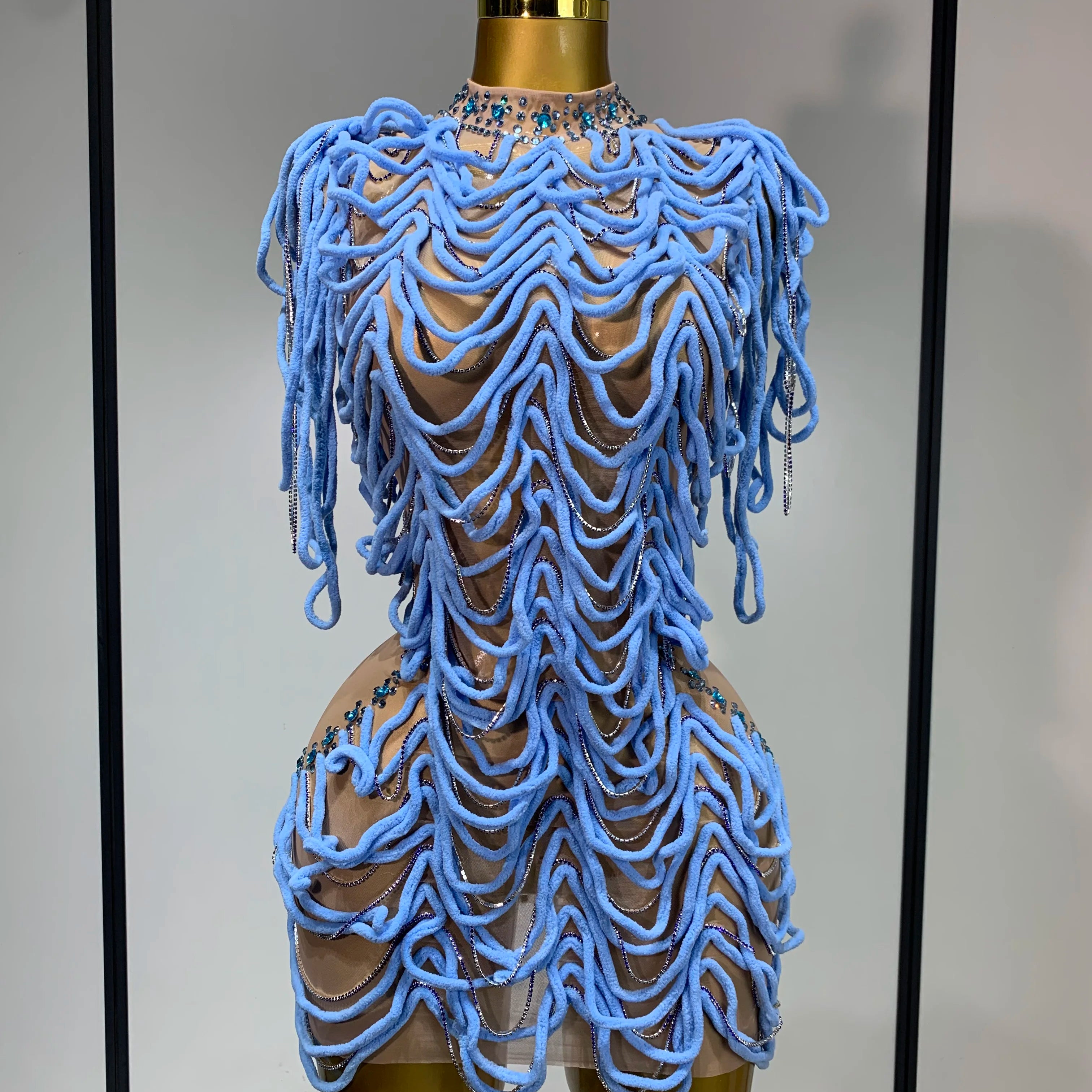 Women Sexy Fashion Short Dress Mesh Designer Rhinestones Chain Stage Costume Nightclub Celebrate Party Performance Outfit Blue