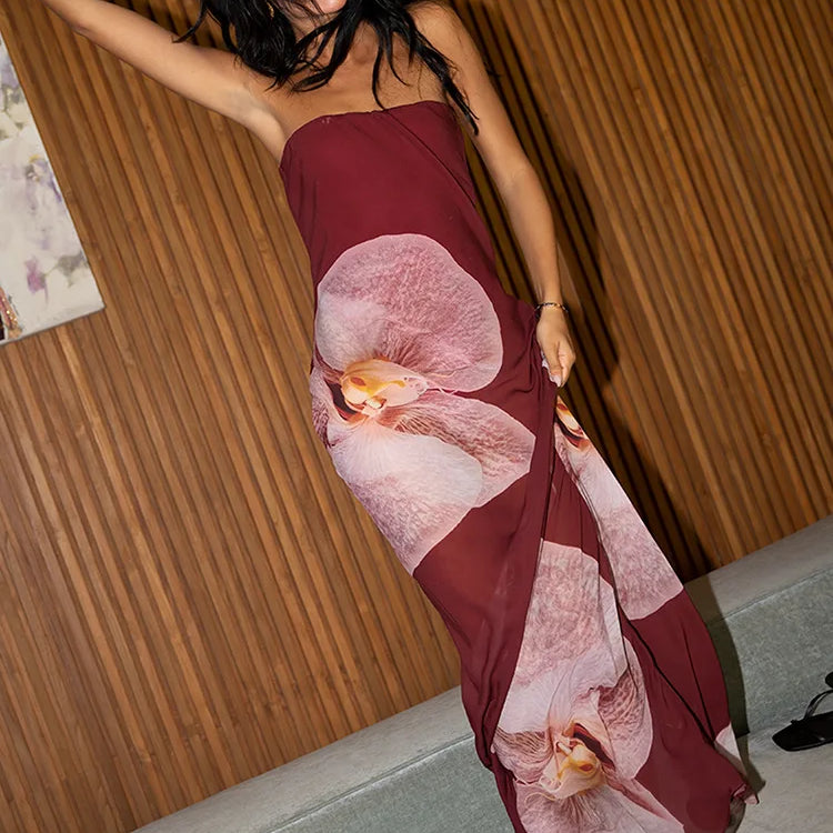 Floral Print Strapless Sexy Maxi Dress For Women Gown Patchwork Off-shoulder Backless Sleeveless Print Long Dress Wine