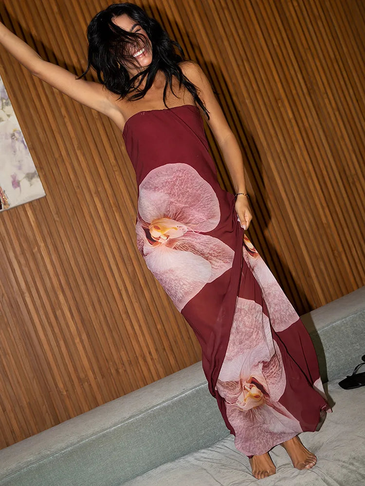 Floral Print Strapless Sexy Maxi Dress For Women Gown Patchwork Off-shoulder Backless Sleeveless Print Long Dress Wine