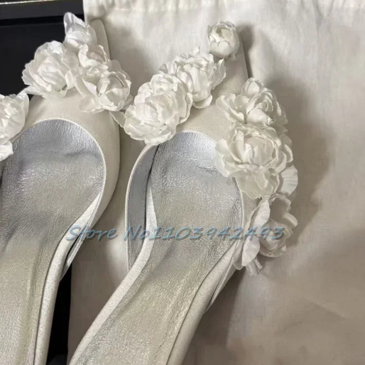 Multi Flower Wedding Sandals Satin Pointed Toe White Pull On High Heel Solid Slip On Blossom Shallow Outdoor Dress Party Mules