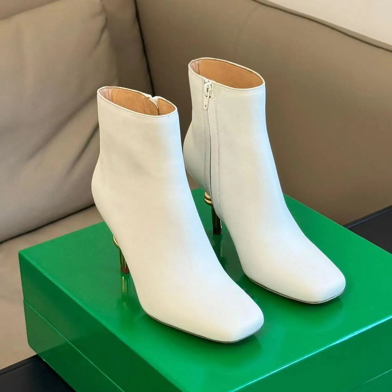 Women Metal Knot Shaped Heel Boots High Heel Ankle Nude Boots Elegant Office Side Zip Square Toe Heels Boots