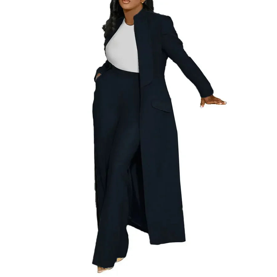 CM.YAYA Women's Set Full Sleeve X-Long Blazer Coat+ Long Pant Suit 2025 Spring Streetwear Two 2 Piece Set Africa OL Work Outfits Black
