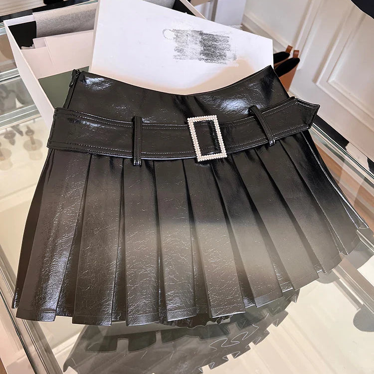 Spring Summer Black Shiny Patent Pu Leather Mini Pleated Skirt Women Belt High Waist Short Luxury Designer Y2K Clothes