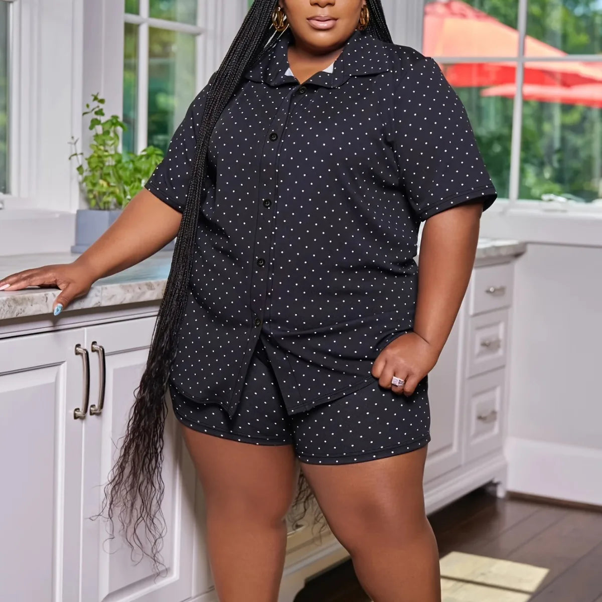 Plus Size Summer Polka Dot Print 2 Two Piece Set Women Casual Fashion Ladies Blouses High Waist Loose Woman Shorts black