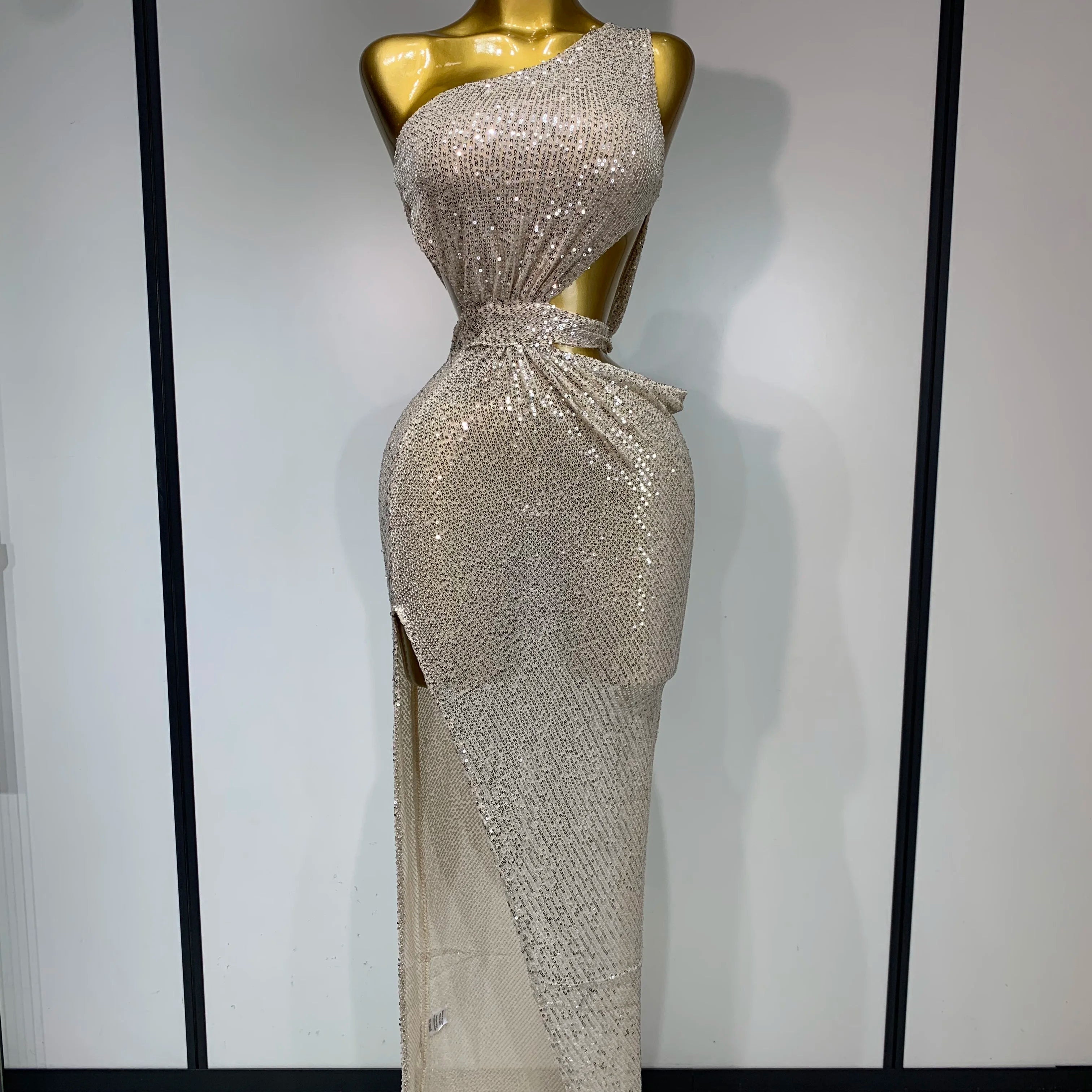 Women Sexy One Shoulder Long Dress High Street Designer Elegant Split Elegant Evening Party Luxury Birthday Dress Vestido Beige