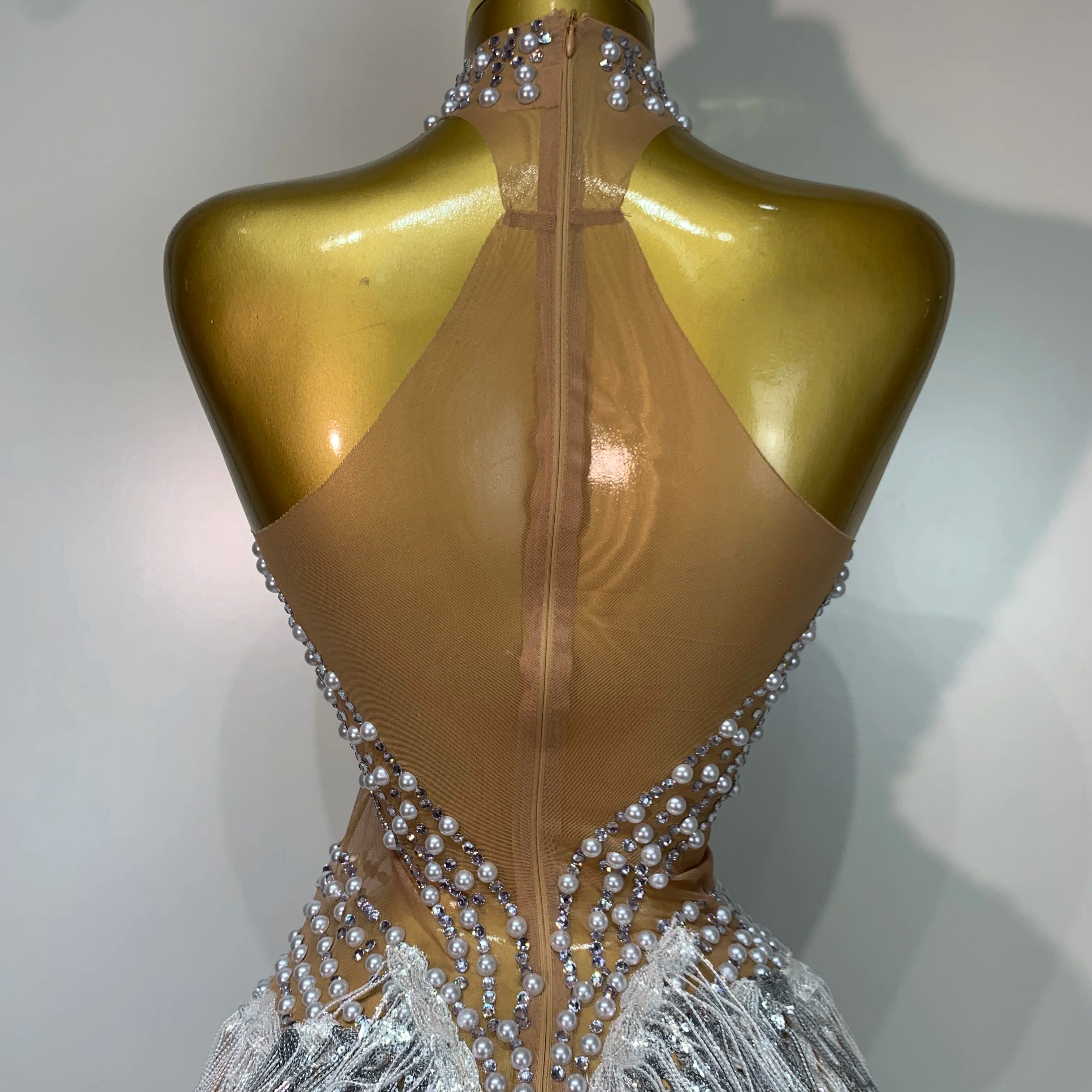 Women Sparkly Rhinestones Pearls Tassel Sexy Mesh See Through Dress Latin Dance Outfits Bar Nightclub Party Stage Costume