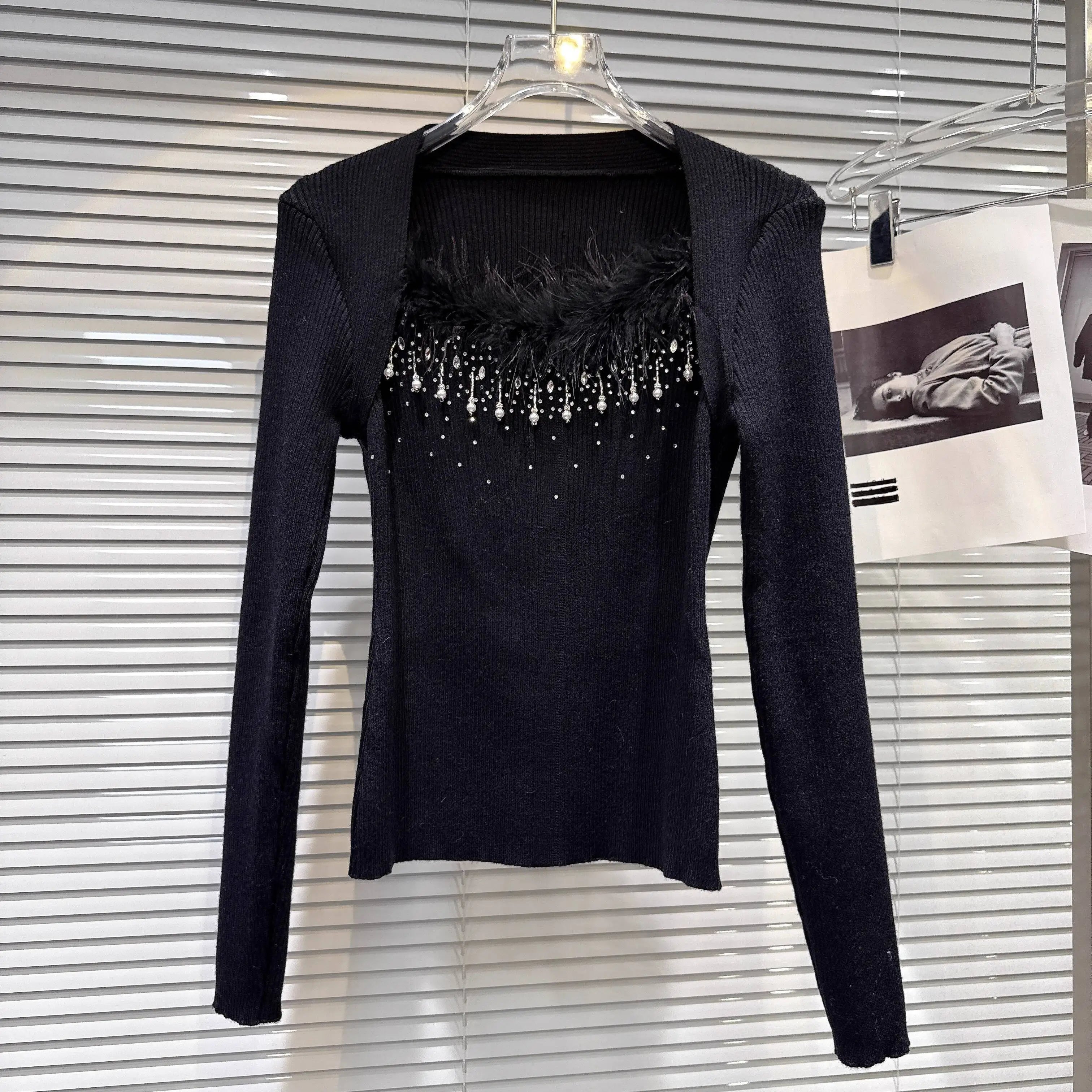 Winter New Elegant Fashion Shawl Slim Fit Knitted Sweater For Women Versatile Feather Patchwork Pullover 11A07523 Black One Size