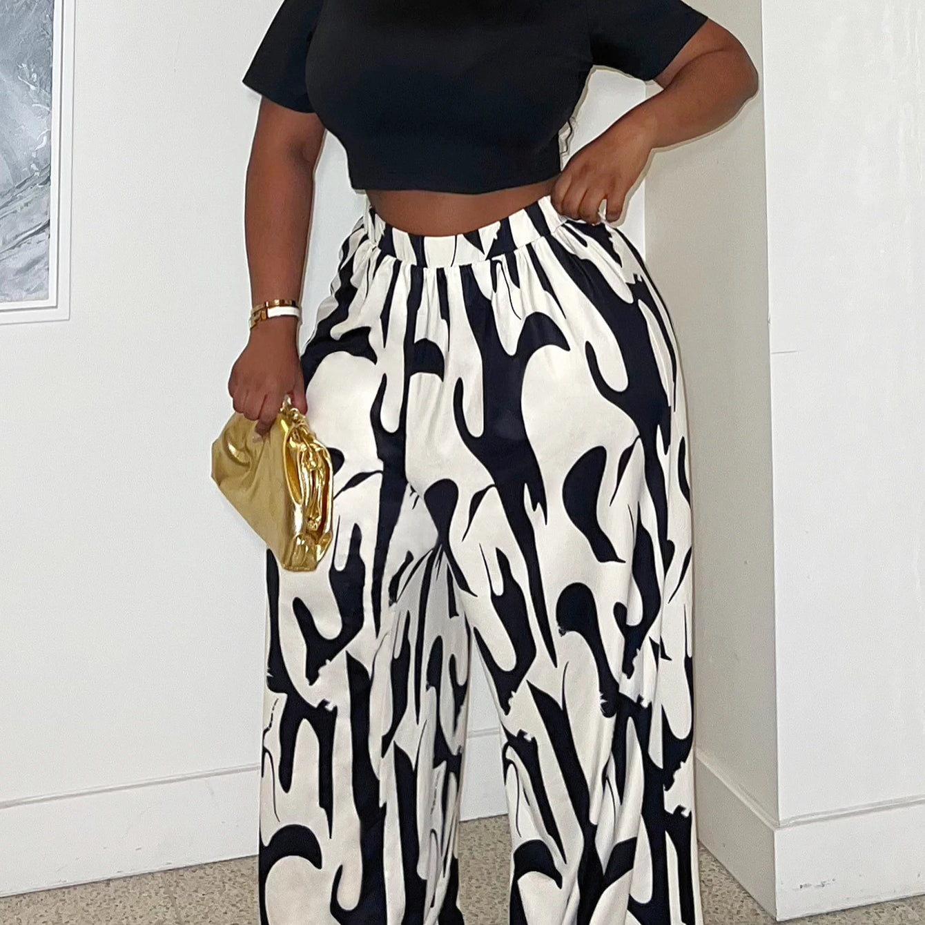 LW Plus Size Two pieces sets Round Neck Print Wide Leg Pants Set short sleeve T-shirt + loose pants suit casual women's matching