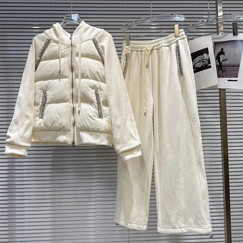 Winter New Fashion Rhinestone Hooded Patchwork Cotton Sweatshirt Fleece-Lined Wide-Leg Pants Set For Women 11A07920 Beige