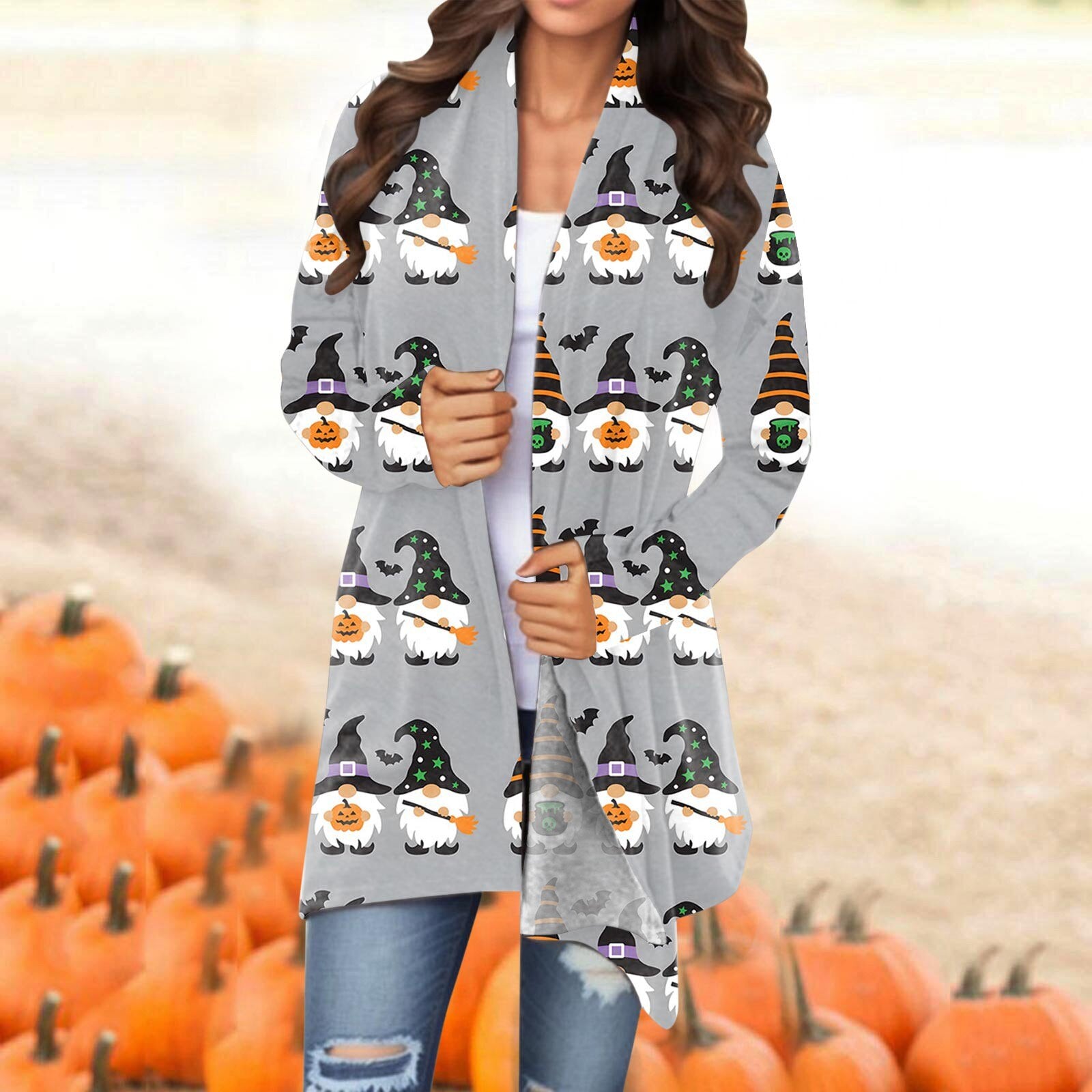 Women Halloween Cardigan Coat Fashionable Pumpkin Animal Cat Vat Printing Jacket Long Sleeve Coat Female Autumn Winter Clothes Grey-B