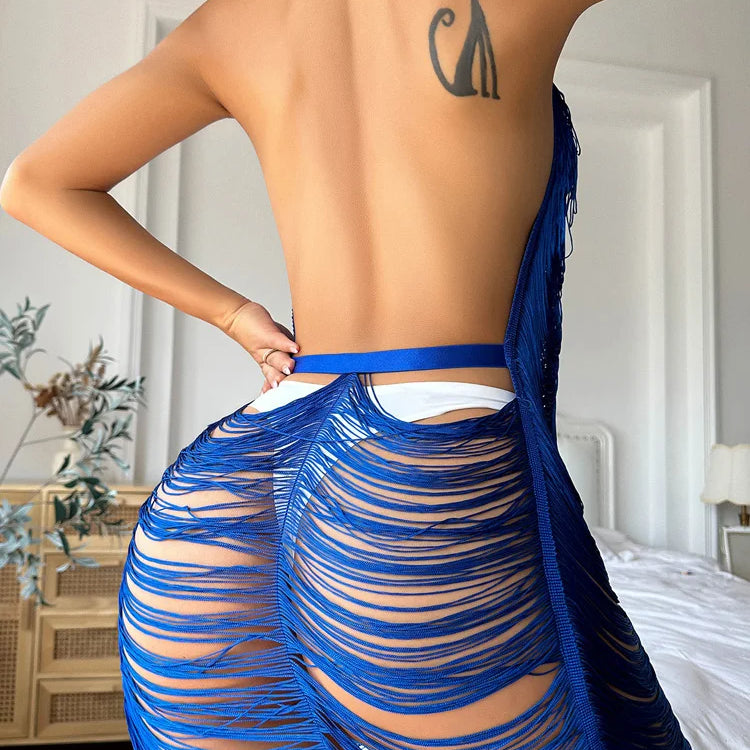 Beyprern New Chic Ladder Cut-Out Knit Beach Cover-Up Mini Dress Women Sexy Clubwear Summer Backless Clubwear Robes Swimwear