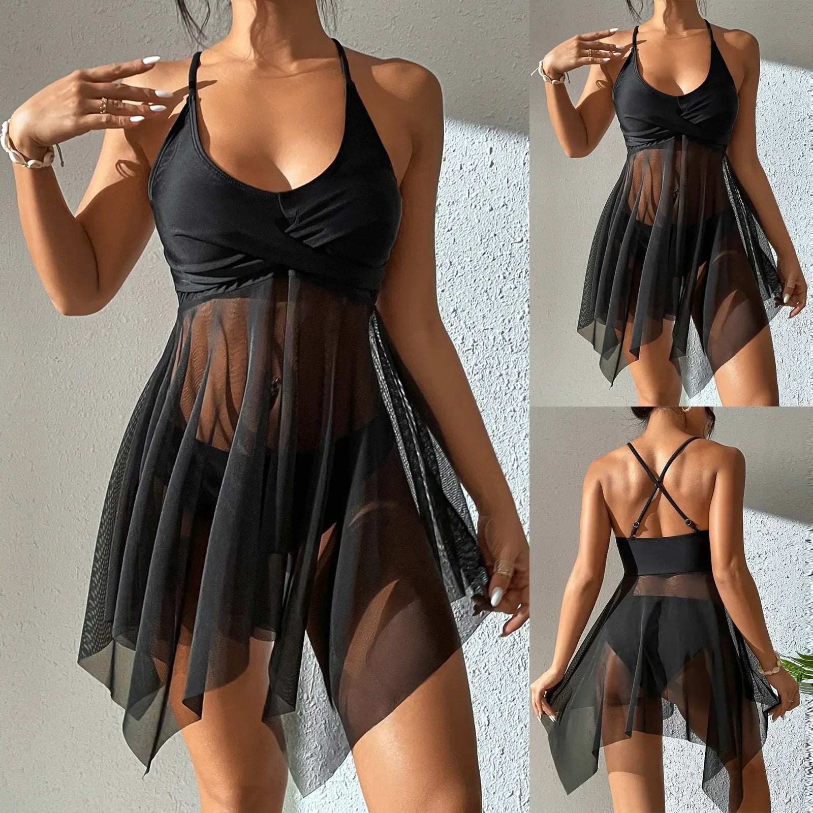 Solid Mesh Tankini Set Women Swimsuit Clothing Set Swimdress Beachwear High Waist Bottom Set Mujer Swimwear Suit Summer Beach Black