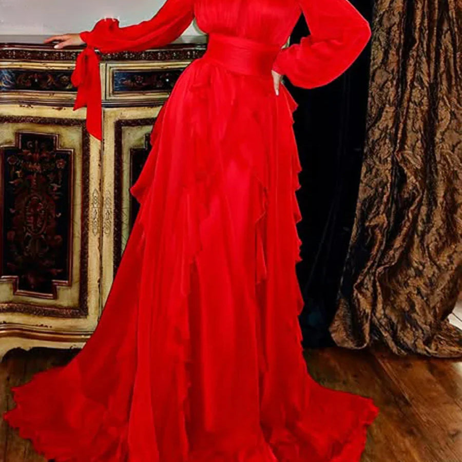 Solid Loose Midi Dresses for Women Round Neck Long Sleeves Patchwork Lace Up Temperament Dress Female Clothing New RED