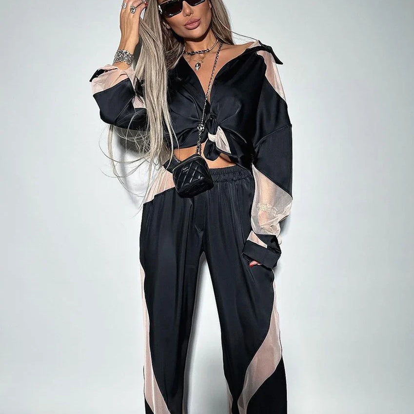 Clacive Elegant Women'S Sets Fashion Loose Spliced High Waist Pants Set Casual Long Sleeve Shirts 2 Piece Sets Women Outfit 2023