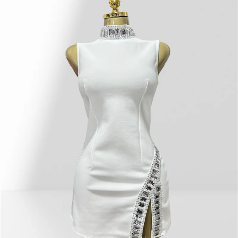 New Summer Super shining Diamonds O-neck Sleeveless Bandage Mini Dress Fashion Woman Birthday Party Dress Music Festival Outfit WHITE