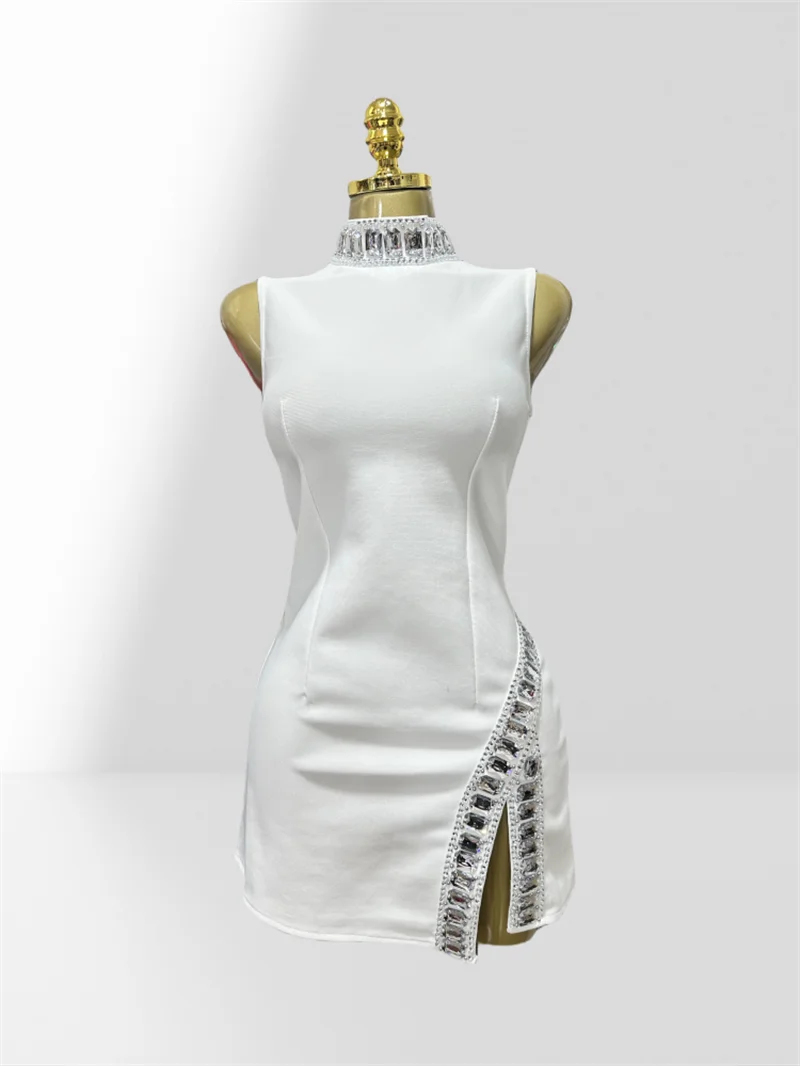 New Summer Super shining Diamonds O-neck Sleeveless Bandage Mini Dress Fashion Woman Birthday Party Dress Music Festival Outfit WHITE