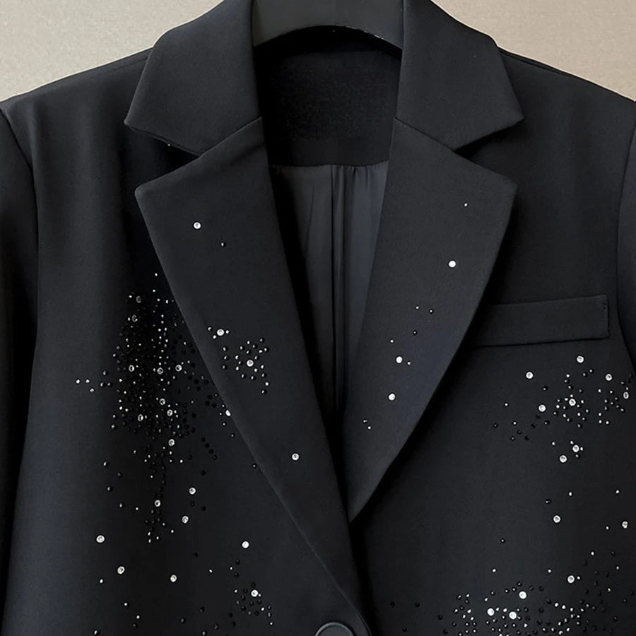 Solid Loose Spliced Bead Fashion Blazers for Women Lapel Long Sleeves Patchwork Single Breasted Blazer Female New