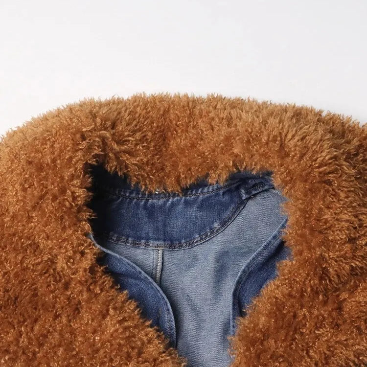 Colorblock Patchwork Lace Up Denim Coat For Women Fur Collar Long Sleeve Loose Casual Trench Female Fashion Style