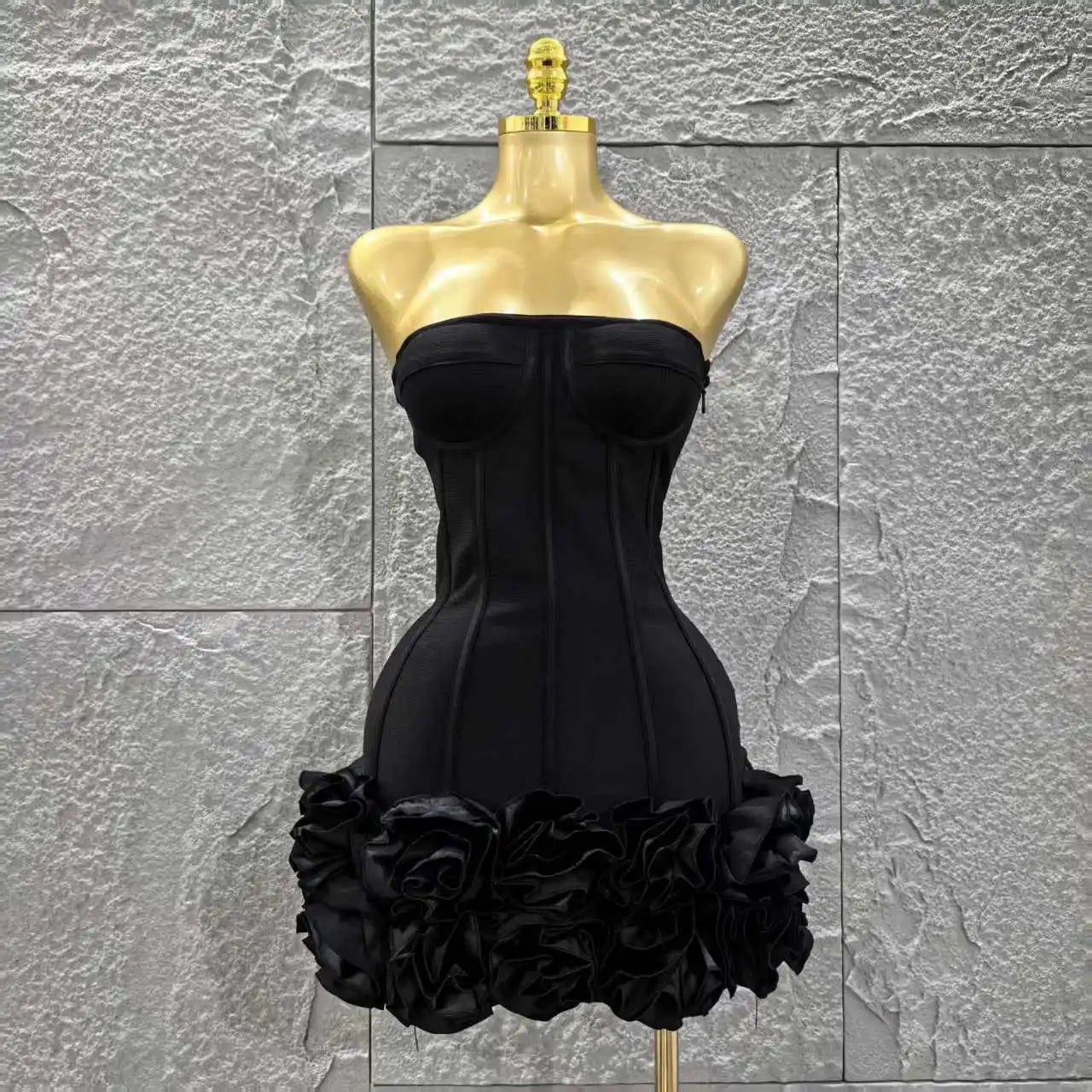 Black Color Women Sexy Strapless Florals Bodycon Mini Ball Gown Bandage Dress Celebrate Nightclub Party Bar Birthday Outfit black