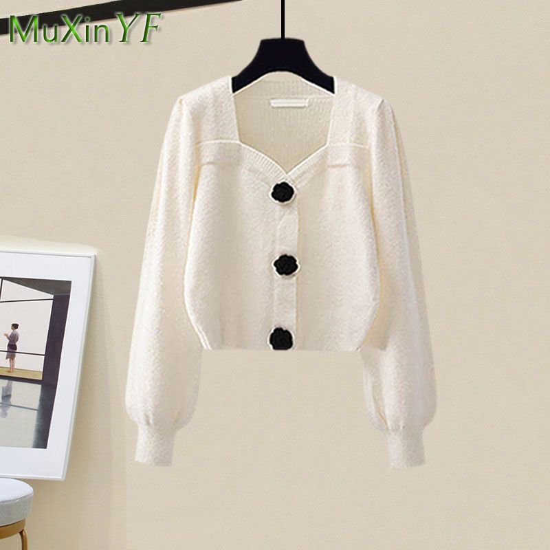 Women's 2024 Spring Autumn Fashion Knitted Sweater+Strap Dress Two-piece Korean Elegant New in Matching Sets Female Skirt Suit