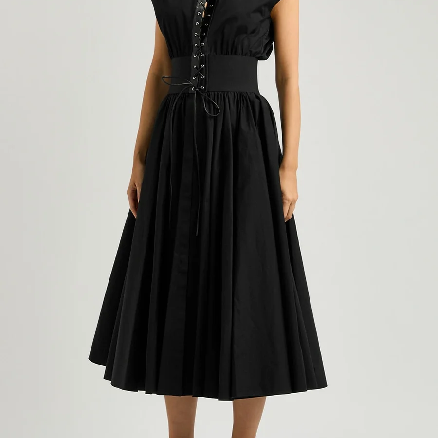 Solid Slimming Spliced Lace Up Elegant Dresses for Women Round Neck Sleeveless Patchwork Folds Dress Female Fashion