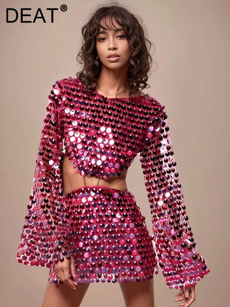 DEAT Fashion Trendy Women's Hollow Out Sequins Irregular Dress Spring New O-neck Long Sleeves Dresses Female 33A1208