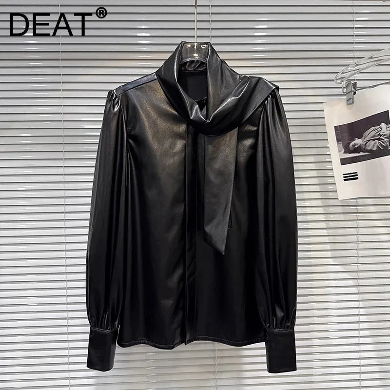 Winter New Fashion Street Style Tie Scarf Bow PU Leather Shirt For Women Loose Black Blouse Female Trend 11A07665
