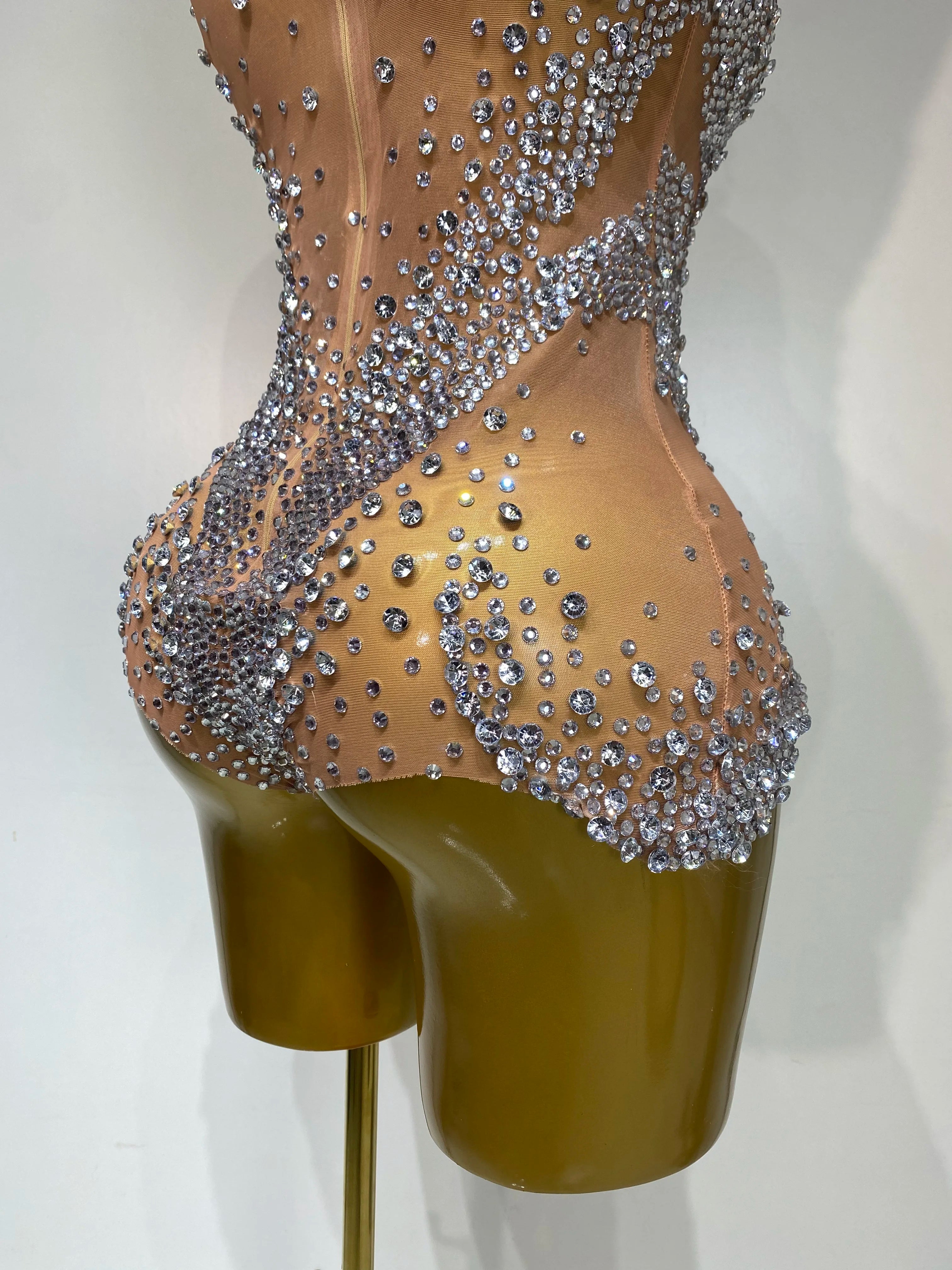 Women Sexy See Through Crystal Bodysuits Luxury Birthday Dancer Stage Performance Wear Mesh Sparkly Rhinestone Nightclub Outfit