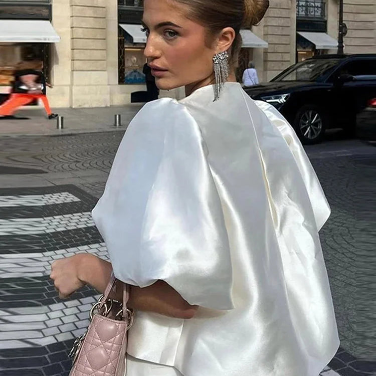 Elegant Satin Ruffle Shirt for Women Lantern Short Sleeve Loose O-neck Female Top Spring Summer Fashion Lady Streetwear