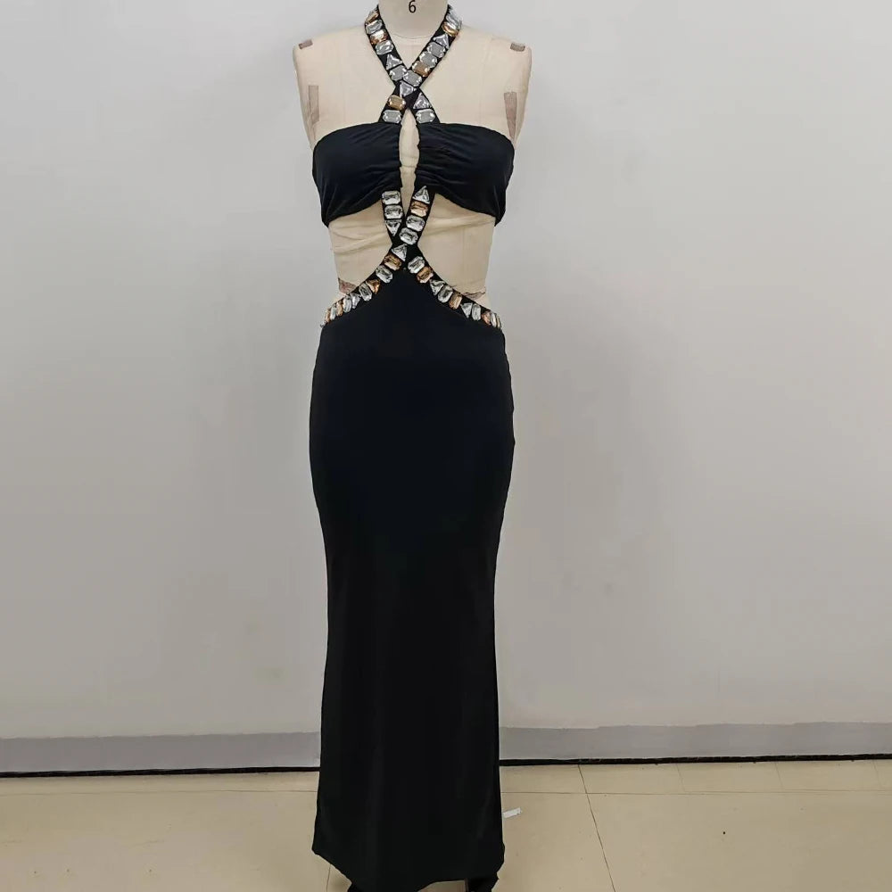 Sexy Halter Gold Chains Hollow Out Long Dress Black Sleeveless Backless Shiny Diamonds Bodycon Dresses Evening Party Gowns black