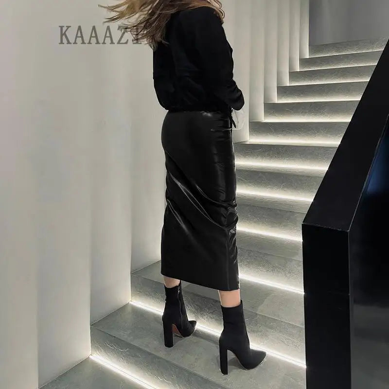 Slim Pu Leather Women Zipper Long Skirt Fashion Office Lady Elegant High Waist Sexy Package Hip Skirt Chic Trend