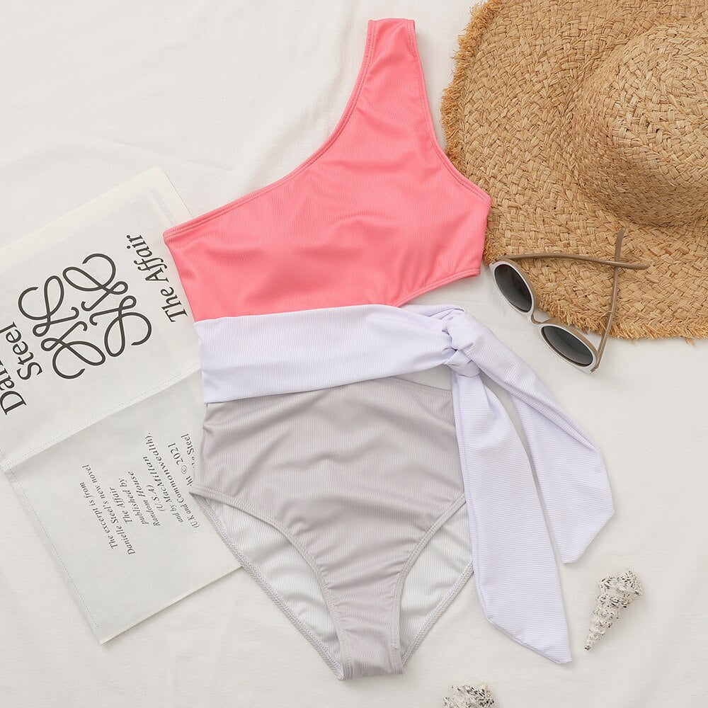 Plain One-Shoulder Midriff Outfit Strap Bikini Set Pink Gray