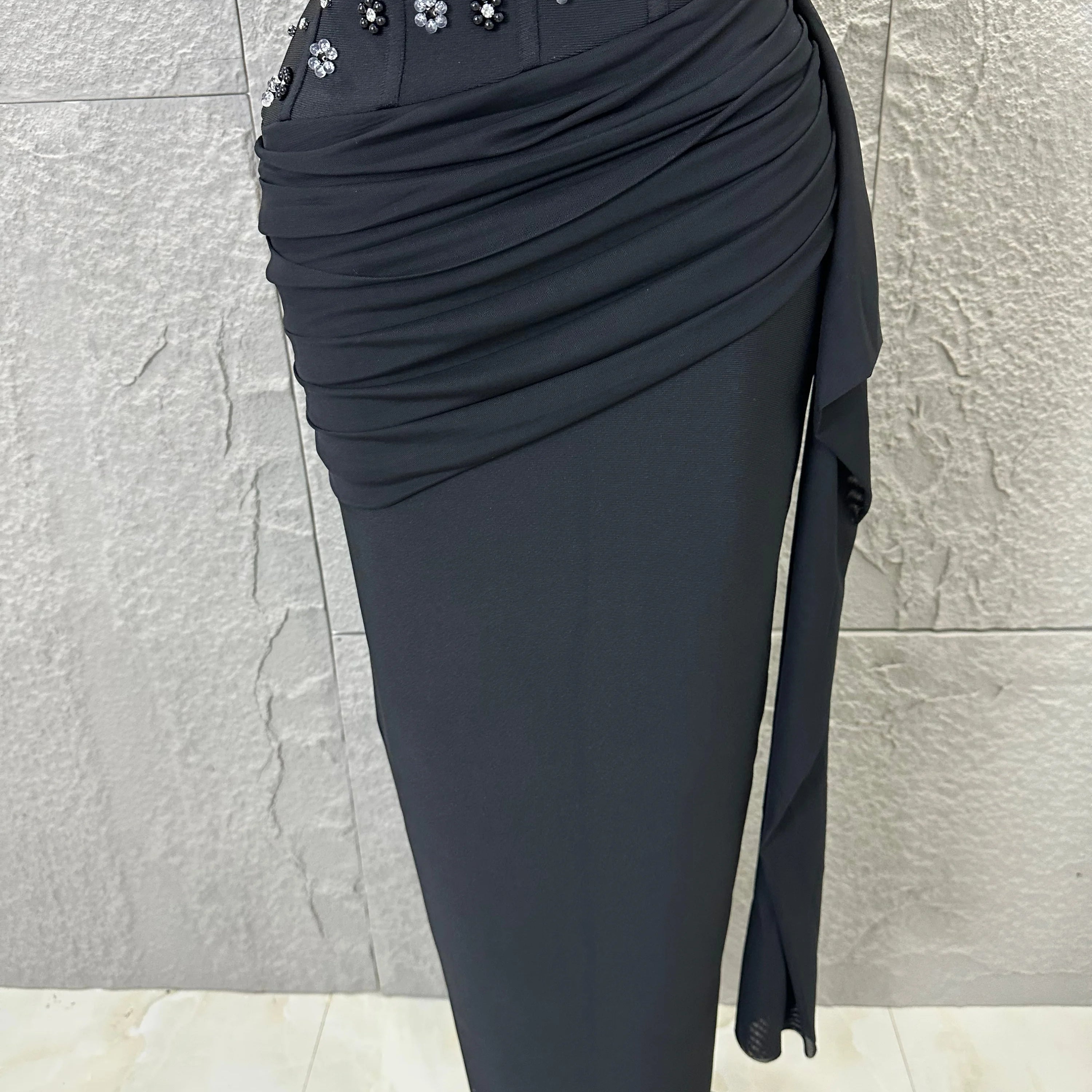Luxury Black Beaded Corset Maxi Dress Spaghetti Strap Ruched Draped Skirt Formal Gala Evening Cocktail Photoshoot Party Dress