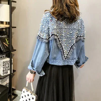 New Mujer Spring Autumn Streetwear Denim Jacket Women Hand-studded Pearls Punk Tassel Veste Femme Loose Short Jeans Coats Blue