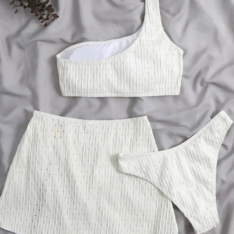 2023 New 3 Pieces Set Swimsuit Women Thong Swimwear Sexy One Shoulder Micro Bikini Set With Skirt White Beachwear Bathing Suit