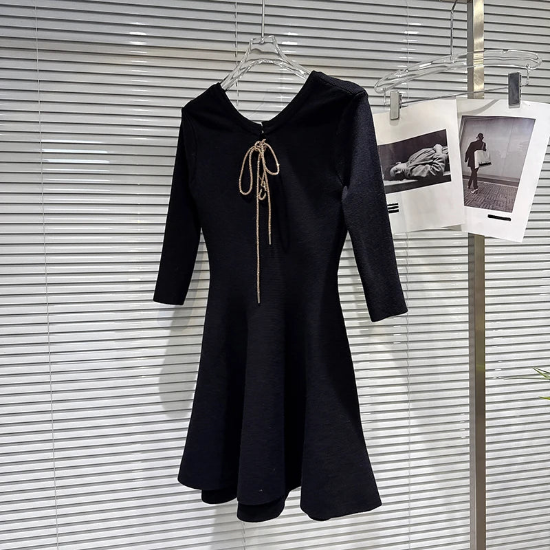 Winter New Elegant Fashion Back Rhinestone Tie Waist Design Knitted Dress For Women Slim Fit Black Dresses 11A07899 Black